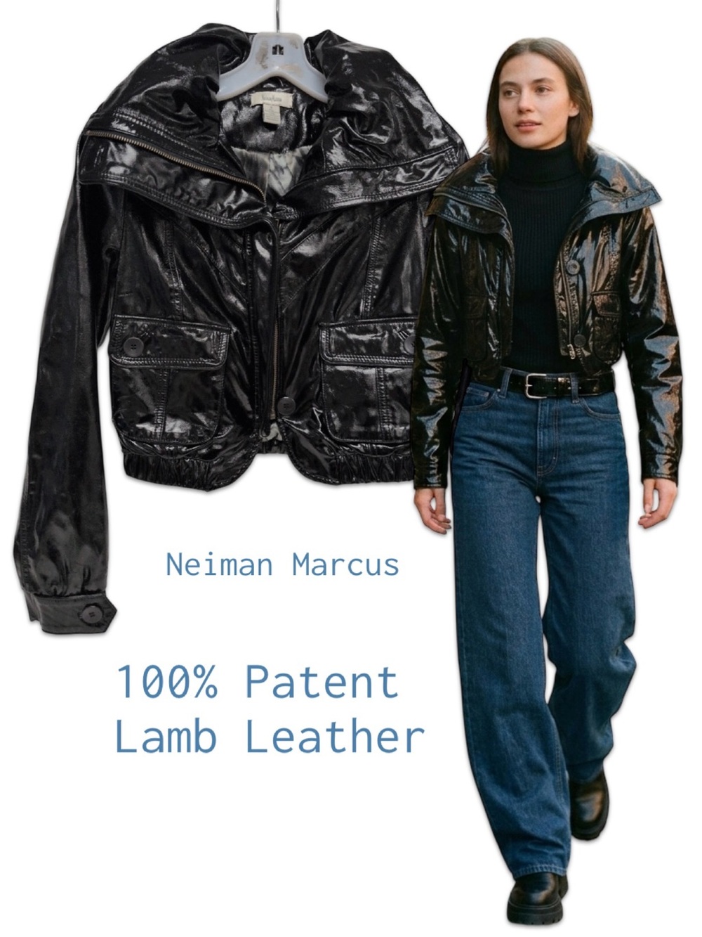Neiman Marcus Black Patent Lamb Leather Cropped Bomber Jacket